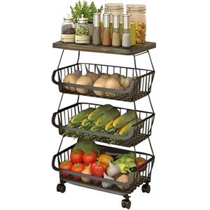 KLLsmDesign Cestini in filo metallico con ruote, organizer impilabile per cucina, bagno, ufficio, carrello per frutta e verdura, scaffale per stoviglie con piano in legno
