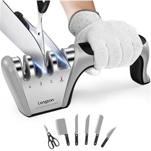 longzon Affilacoltelli Professionale, 4 in 1 Affila Coltelli da Cucina con Due Guanti Antitaglio, Affilacoltelli Manuale per Coltelli Dritti, Forbici, Sicuro e Facile da Usare - Grigio