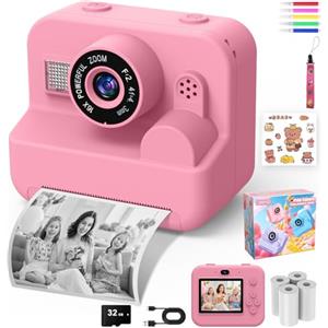 CONMRO Macchina Fotografica Bambini Istantanea - 1080P 2.4 Selfie Fotocamera Bambini con Carta da Stampa e 32GB Scheda, Giocattolo Regalo Natale Bambino e Bambina 3-12 Anni (Rosa)