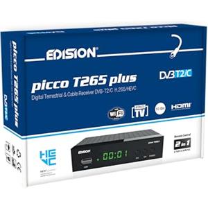 EDISION PICCO T265 plus Modello 2024 Decoder Digitale Terrestre 2024 Full HD DVBT2 H265 HEVC 10 Bit Bonus TV, FTA, USB, HDMI, SCART, Sensore IR, Supporto USB WiFi, Telecomando Universale 2in1, Main 10