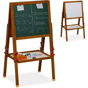 Relaxdays Lavagna per Bambini, Cavalletto, Lavagnetta Bianca Magnetica e Ardesia con Gessetti, 81-104x45x42 cm, Marrone, Legno
