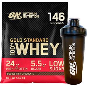 Optimum Nutrition Gold Standard 100% Whey Proteine Isolate in Polvere con Aminoacidi per Sviluppo e Recupero Muscolare Gusto Doppio Cioccolato 146 Porzioni 4,53Kg + Shaker