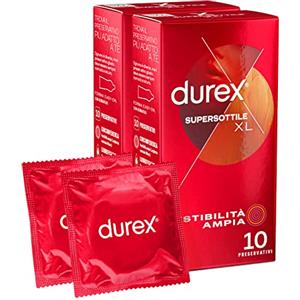 Durex Supersottile XL Preservativi Extra Large Uomo Lattice di Gomma Naturale Trasparenti Lubrificati Forma Easy-On con Serbatoio Vestibilità Ampia Spessore Sottile - 2 Confezioni da 10 Profilattici