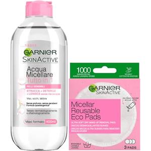 Garnier SkinActive Acqua Micellare Tutto in 1 Pelli Sensibili Struccante Senza Risciacquo 400ml + Eco Pads Dischetti Micellari Struccanti Microfibra Lavabili Riutilizzabili Confezione da 3 Dischetti