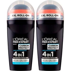 L'OREAL PARIS L'Oréal Paris Men Expert Carbon Protect Deodorante Roll-On Anti-Traspirante 4in1 Protezione 48h Contro Cattivi Odori Umidità con Testina XXL Profumo Fresco Intenso - 2 Flaconi da 50ml