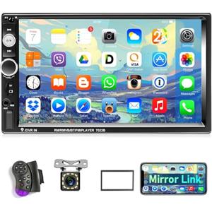 Podofo Autoradio 2 Din con Vivavoce Bluetooth 7 Pollici Stereo Auto Radio Doppio Din con Schermo con Collegamento a Specchio/FM/AUX/con Controllo al Volante + 12 Luci Telecamera di Backup