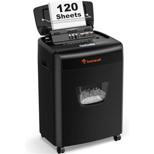 Bonsaii Distruggidocumenti da 120 fogli con alimentazione automatica, taglio a particelle P-4, estremamente silenzioso con 62 dB, contenitore da 23 litri e 4 ruote, trituratore a microtaglio