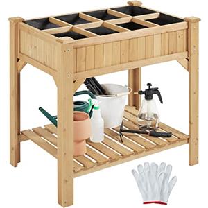Yaheetech Aiuola/Orto Rialzato da Esterno Balcone a 8 Scompati Fioriera Alta in Legno Naturale Lettino per Piante Urbano Giardino con Ripiano e Griglia 91,5 x 62 x 92,5 cm