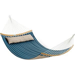 SONGMICS Amaca Doppia Imbottita, Amaca da Campeggio Giardino con Barre Curve in Bambù Separabili, con Cuscino, 200 x 140 cm, Max Portata 225 kg, Blu e Beige GDC34QW
