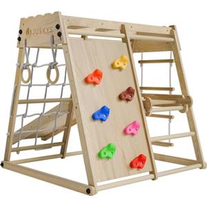 Juskys Mini struttura arrampicata per bambini - parco giochi per interni con scivolo, parete di arrampicata, rete di arrampicata e anelli ginnici - torre di arrampicata pieghevole in legno - naturale