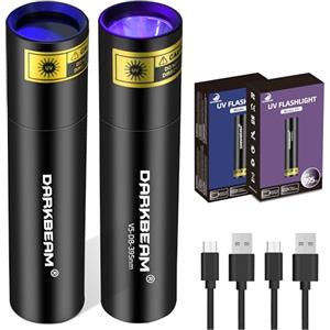 DARKBEAM Torcia UV 365nm e Torce Luce nera 395nm ultravioletta, Lampada di Wood Mini Portatile Potente Blacklight Ricaricabile USB, per Rilevare di urina cane, vetro all'uranio, ambra, resina, 2 Pezzi