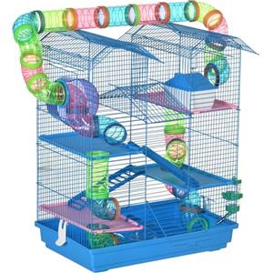 PawHut Gabbia per Criceti e Roditori a 5 Piani con Tubi Colorati, Ruota, Casetta e Accessori Inclusi, Blu, 47x30x59cm