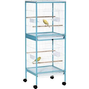 PawHut Gabbia per Uccelli 2 in 1 Voliera per Interni con 4 Ruote Girevoli, Vassoi Estraibili e Contenitori in Plastica, 51.5x50x140 cm, Azzurra