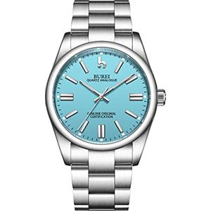 BUREI Orologio da polso da uomo in acciaio inossidabile con movimento giapponese al quarzo per uomo Orologio rotondo di lusso da 42 mm Quadrante azzurro regalo festa del papà