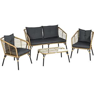 Outsunny Set Mobili da Giardino in Rattan 4 Pezzi, Salotto da Giardino Esterno con Divanetto 2 Posti, 2 Poltrone con Cuscini e Tavolino con Piano in Vetro con Piedi Regolabili, Marrone e Grigio Scuro