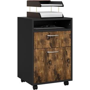 HOMCOM Cassettiera da Ufficio Portadocumenti a 4 Ruote con Ripiano Aperto e 2 Cassetti, Mobiletto da Ufficio in Legno e Metallo, 40x35x60 cm, Marrone e Nero