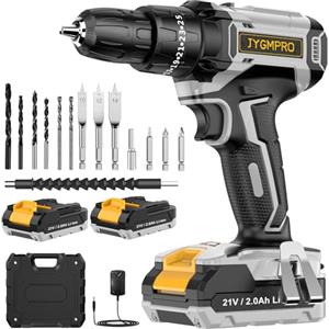 JYGMPRO Trapano Avvitatore Batteria 21V, Avvitatore a Batteria con 2 Batterie da 2.0Ah, 42N.m di Coppia, 2 Velocità, 25+3 Coppia, 14 Accessori,Luce a LED,Per il fai da te,in Casa e Giardino, Grigio
