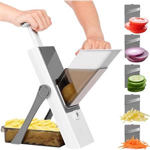 Vihoom Mandolina Affettatrice di Verdure Professionale, Affettatrice per Mandolina Sicura per Cucina, Spessore Regolabile Patate, Tritatutto Verticale per Cipolle Grigio