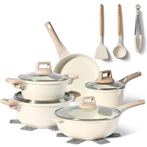 JUST PERFECTO HOUSEHOLD APPLIANCES Just Perfecto Essential Batteria di Pentole 11 Pezzi, Manici Amovibili Padella con Casseruola Fonda, Padella, Tegame, Wok, Coperchi, Antiaderenti per Induzione,Lavastoviglie (Beige 14 pcs)