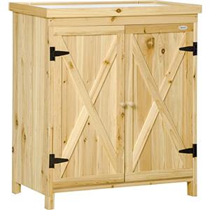 Outsunny Armadio da giardino, armadio da giardino, con ripiano in metallo zincato doppia anta con maniglia gambe rialzate in legno massiccio 80 x 45 x 92 cm legno naturale