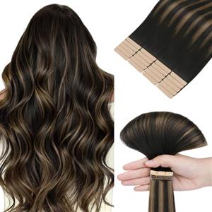 HOTBANANA Extension Capelli Veri Biadesivo, Nero Naturale Misto Marrone Extension Biadesive Capelli Veri Lisci 35cm 20pcs Remy Tape in Hair Extensions 50g
