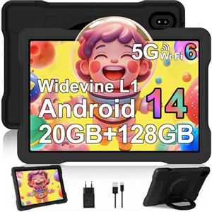 UJJ Tablet 10 Pollici Android 14 con 5G + 2.4G WiFi 6, 20GB + 128GB ROM (TF/1TB), Giochi Educativi Software Bambini (iWAWA), Octa-Core, Bluetooth 5, FHD, 5 + 5MP, 2025 Newest Tablet Bambini con Case,Black