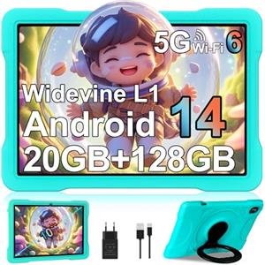 UJJ Android 14 Tablet Bambini 10 Pollici, 5G + 2.4G WiFi 6, 20GB RAM + 128GB ROM (TF/1TB), Giochi Educativi Software Bambini (iWAWA), Octa-Core, Bluetooth 5, 2025 Newest Tablet Per Bambini con Case, Green