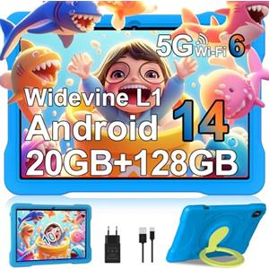 UJJ Tablet Bambini 10 Pollici Android 14 con 5G + 2.4G WiFi 6, 20GB RAM + 128GB ROM(TF/1TB), Giochi Educativi Software Bambini (iWAWA), Octa-Core, Bluetooth 5, 2025 Newest Tablet Per Bambini con Case,Blue