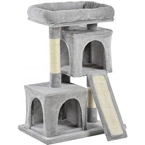 PawHut Albero Tiragraffi per Gatti Adulti e Gattini con Pali in Sisal, Lettino e 2 Casette con Rivestimento in Peluche, 59x39x83cm, Grigio Chiaro
