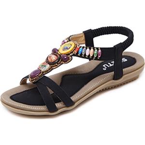 Woky Sandali estivi da donna, stile bohemien, con strass e perline, scarpe da spiaggia, per il tempo libero, piatte a sandalo, taglie 34 - 44, Nero , 38 EU