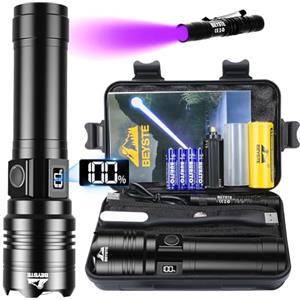 BEYSTE Torcia LED Potente Professionale 500000 Lumens, Torcia LED Ricaricabile USB, Torce LED Alta Potenza Ricaricabili Zoomabile, IPX6 Torcia Tattica Militare Per Campeggio Trekking Emergenza