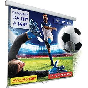PROVIS GAINUP Schermo Proiettore Manuale | 250x250cm (139 Pollici) 250cm | Formato 4:3 16:9 16:10 - Telo Bianco con Retro Nero - Telo Proiezione a Molla 2 Metri e Mezzo - Videoproiezione 2,5mt 3D Full HD 4K