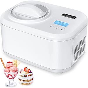 KUMIO Gelatiera Autorefrigerante, Gelatiera con Compressore, Macchina per Gelato Professionale con Display LCD e Timer, Pala Mescolatrice Staccabile, Ciotola da 1 Litro e Coperchio, 100W, Bianco