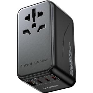 MOMAX Universal Travel Adapter, 140W GaN Technology, EU/UK/AUS/US/JP Worldwide, Fast Charging for iPhone, MacBook pro, Vision Pro, Charging Cable Included