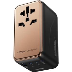 MOMAX Adattatore da viaggio universale, 170W GaN adattatore di alimentazione internazionale, 2 USB-C 2 USB-A adattatore di alimentazione per la maggior parte di Europa, Australia (tipo C/A/G/I)