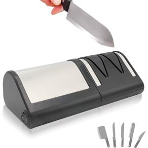 FISHTEC Affilacoltelli da Cucina Elettrico - Affilatura + Lucidatura a 2 livelli - Coltello metallo o ceramica - Dischi abrasivi diamantati - 21CM - Nera