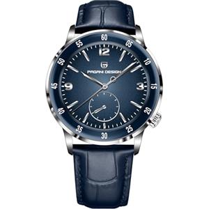 SUZAKU Pagrne design orologio da uomo a carica automatica grande quadrante di facile lettura orologio meccanico vetro zaffiro sintetico 100 metri impermeabile orologio da uomo in pelle（Argento E Blu）