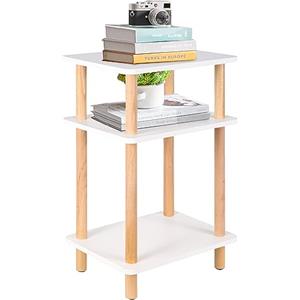 Yawinhe Tavolino da Salotto in legno, Comodino Rettangolare, 3 Livelli Ripiano Portaoggetti, per Soggiorno, Camera da Letto, Bianco/Naturale, 40x30x70cm, 1-Pack