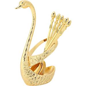 Tiiyee Set di Cucchiai da Dessert per Caffè, Acciaio Inox Caffè Cucchiaini 6 Pezzi con Base Decorativa a Forma Cigno Supporto Porta Cucchiaio in Stile Europeo Elegante Ornamento Decorativo Tavola (Oro)