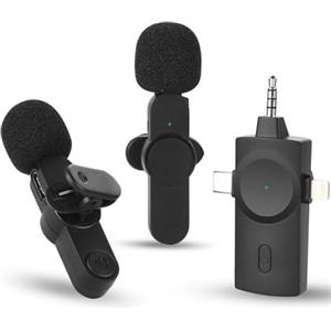 UTEBIT Microfono Wireless(2 Mics), Microfono Bluetooth 3 in 1 Riduzione del Rumore per iPhone/iOS/Androide/PC/Laptop, Plug & Play Microfono Lavalier per Registrazione Video, Streaming Live, Vlog