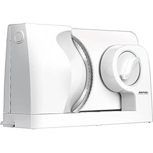 MPM MKR-05 Affettatrice Elettrica Pieghevole, Affettapane, Spessore di Taglio Regolabile fino a 15 mm, Protezione per le Dita, Disco di Taglio in Acciaio Inox 17 cm, 150W, Bianco