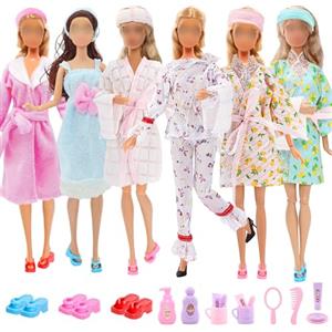 Xerteam 25 vestiti e accessori per bambole, Compatibile con Barbie con 5 pigiami alla moda, accappatoio, 3 pantofole, 4 foulard, 1 asciugamano da bagno, 12 accessori da bagno per bambole da
