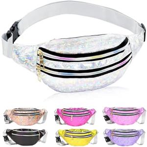 Ritte Marsupio Donna Olografico, Moda PU Pelle Bum Waist Bag, Impermeabile Neon Marsupio Olografico Con 3 Tasche Per Viaggi All'aperto, Jogging, Passeggiate Con I Cani (Argento)