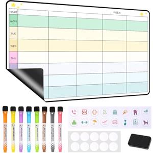 JIANTA Lavagna Calendario Magnetico Frigorifero, Lavagna Calendario per Frigorifero con Cancellatura a Secco, Lavagna Memo per Pianificatore Familiare Riutilizzabile con 8 Pennarelli e Gomma Secca