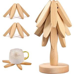 Lxoraziy Sottopentola in Legno per Piatti Caldi, Set di 3 Sottopentola in Legno + 1 Supporto, Tappetino Pieghevole Resistente Al Calore, Sottopentola Forma Di Albero per Teiere, Padelle, Ciotole