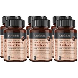pureclinica Glutatione a doppia forza x 360 compresse (60 compresse per flacone, 6 flaconi). Con 50 mg di glutatione, 300 mg di ALA e 200 mg di vitamina C per compressa. 200% più forte delle normali compresse di glutatione
