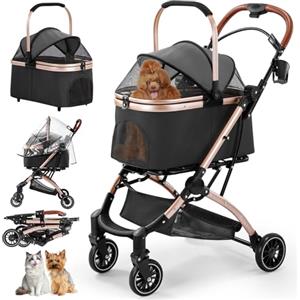 Gimars Passeggino Pieghevole per Cani Gatti 4 in 1 fino a 20 kg, Passeggino Cane con Trasportino Staccabile Cestello, Ruote Anteriori 360°, Parapioggia Freni Portabicchieri Cestino Portaoggetti, Nero