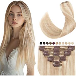 Elailite Extension Clip Capelli Veri Volumizzante - 25cm 110g - 8 Fasce Folte Double Weft Full Head 100% Remy Human Hair Lisci, 18/#613 Beige Sabbia Biondo/Biondo Chiarissimo
