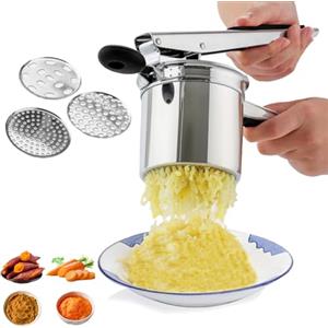 Xinxinphi Schiacciapatate Passapatate con 3 Colini Sostituibili, Schiacciapatate Pressa Manuale Professionale Acciaio Inox, Spremiagrumi per Bambini, Purè Patate, Frutta, Verdure, Bébé, Succo Limone, Melone