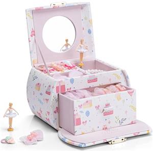 Vlando Carillon Ballerina, portagioie con chiusura a chiave, in pelle PU, con cassetti, portagioie per bambini, con melodia, regalo per ragazze